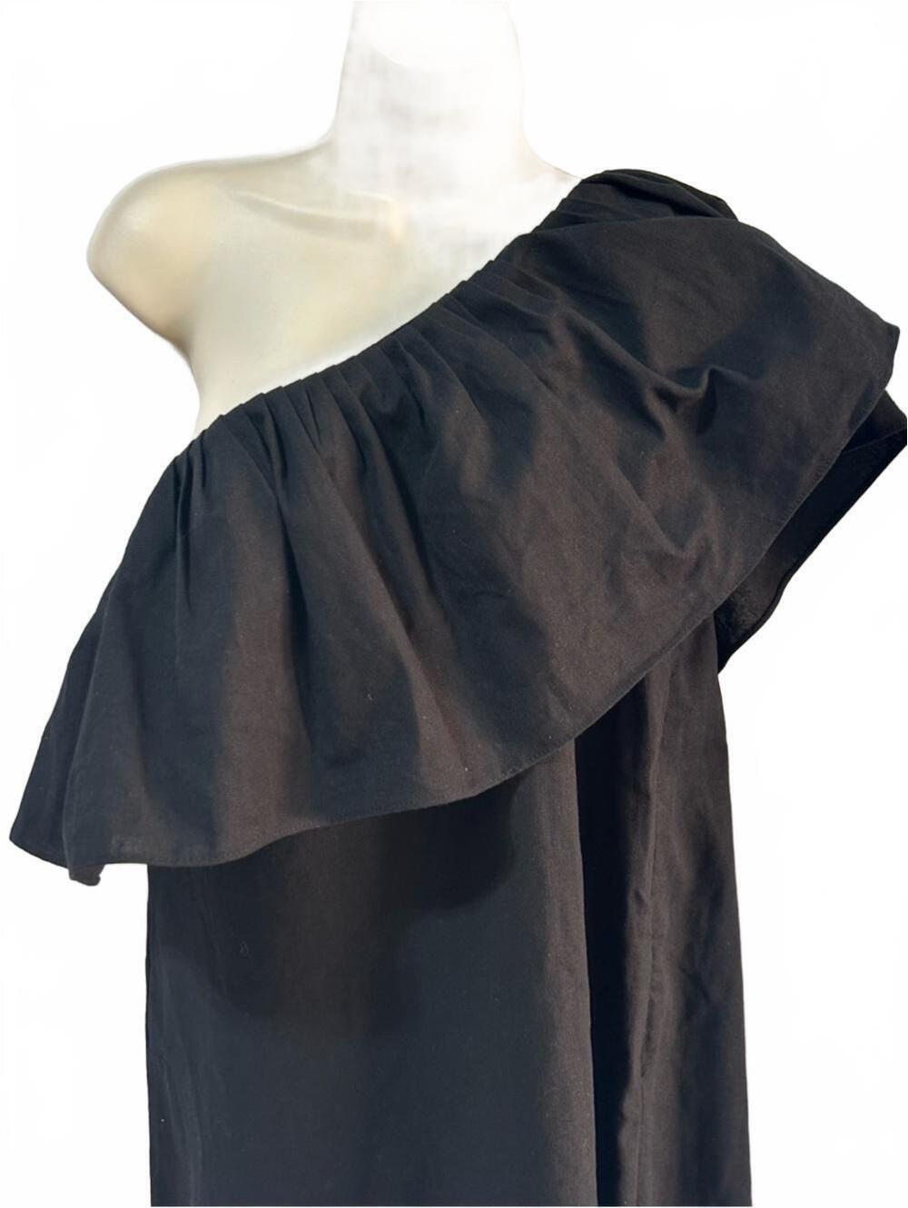 Pomander Place One-Shoulder Black Ruffle Midi Dress “Florencia” | Size Large